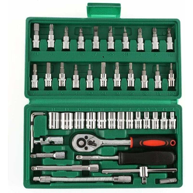 Image of 46 stücke 1/4 Zoll Steckschlüsselsatz Autoreparaturwerkzeug Ratsche Drehmoment Kombination