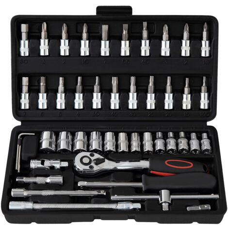 46-teiliges Cr-V-Flachratschenschlüssel- und Steckschlüssel-Set, 1/4-Zoll-Ratschenschlüssel mit 72 Zähnen, Ratschen-Flachschlüssel mit Werkzeugkasten