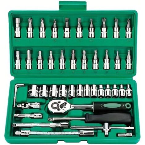 46PCS Coffret de Douilles et Embouts, Flexible Jeux de Douilles, Ensembles de Clés à Cliquet, Outil de Réparation de Véhicule Automobile 1/4 Pouce