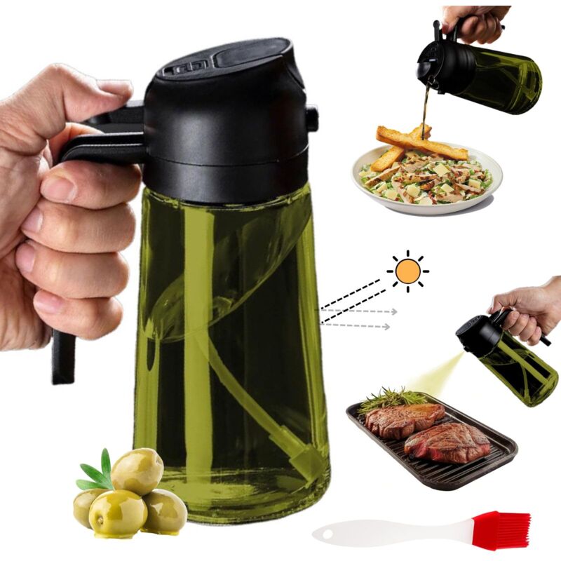 470 ml pulvérisateur d'huile foncé anti-lumière de cuisson 2 en 1 flacon de qualité alimentaire Bouteille en verre vert de pour la cuisine (noir)