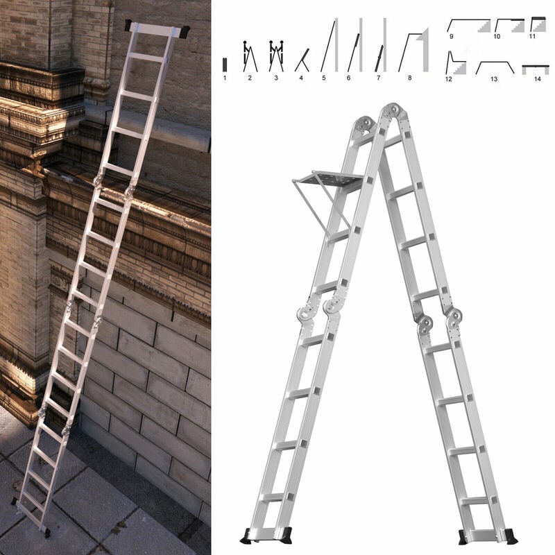 Dayplus - 4.7M Aluminium 14 in1 Folding Ladder Multi Position Purpose Platform 4x4 Steps