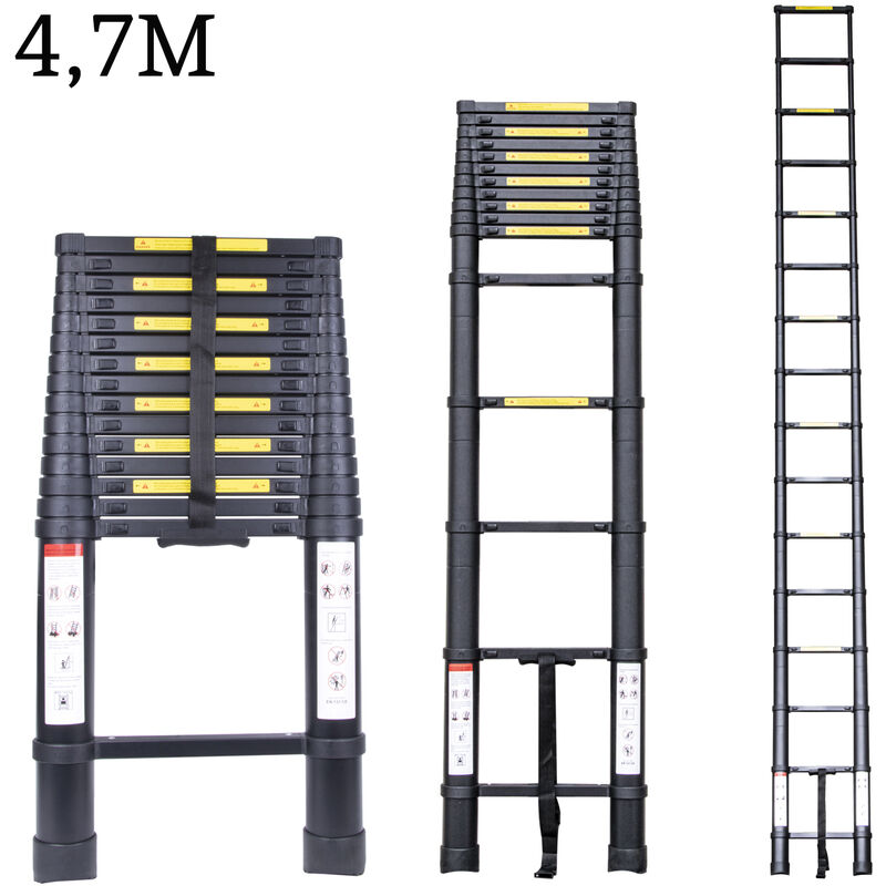 Axhup - 4.7M Telescoping Ladder, Portable Aluminum Telescopic Height Extension Multi Purpose Loft Ladder, 330 pound/150 kg Capacity All Black