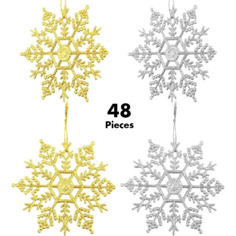 48 adornos navideños de copos de nieve con purpurina, de plástico, para colgar en el árbol de Navidad, bodas, fiestas, dorados y plateados.