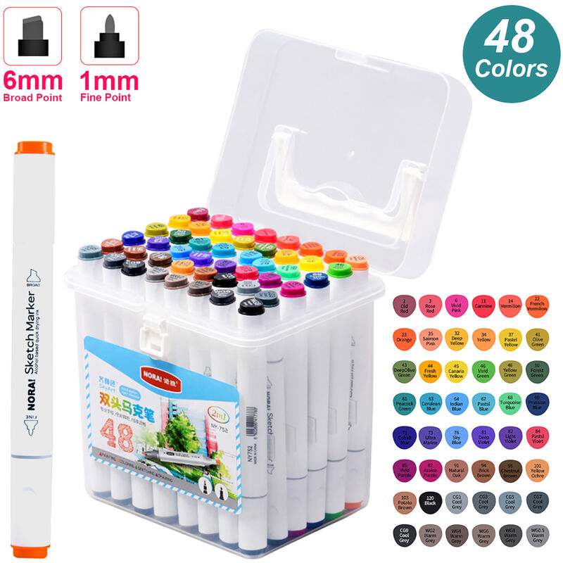 

48 colores juego de rotuladores de arte rotuladores de doble cabeza, punta fina y ancha a base de alcohol con caja de almacenamiento de PP para