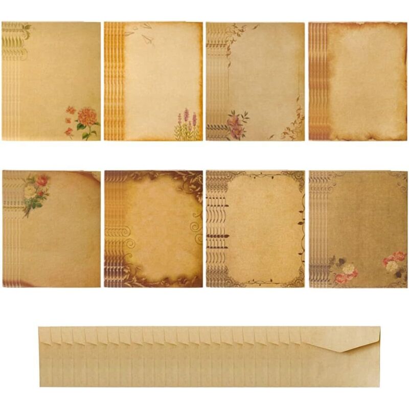 48 hojas de papel de carta antiguo, tamaño A5, para correspondencia, 8 diseños, con 24 sobres kraft, para bodas, invitaciones y tarjetas de