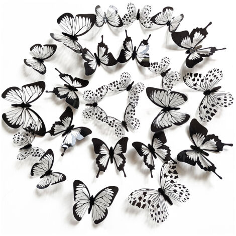 48 pièces d'autocollants muraux papillons 3D noirs et blancs, autocollants muraux papillons découpés et amovibles, art mural à faire soi-même, convient à la décoration de la maison, de la chambre d'en