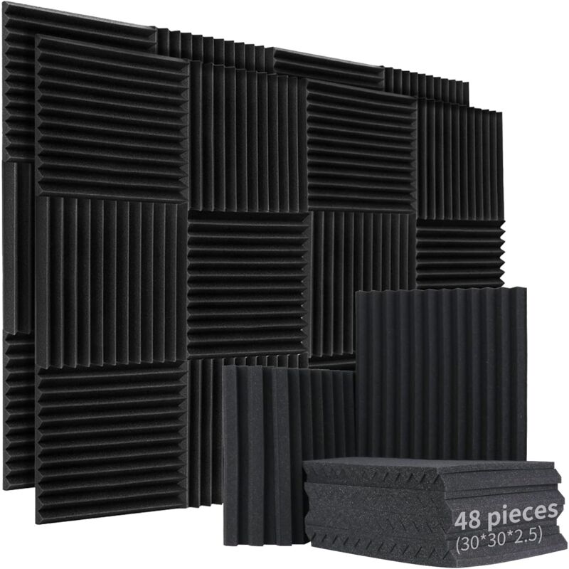 48 pièces Mousse Acoustique, 30302.5cm Noir Haute Densité Panneau Acoustiques, Ignifuges Mousse Anti Bruit pour Studio Musique, Studios
