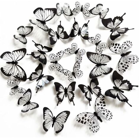 48 Pièces Stickers Muraux Papillons 3D Sticker Papillon Noir et Blanc avec Adhésif Papillons Sticker Mural Maison DIY Décor pour la maison salon salle détude bébé chambre fond stickers muraux