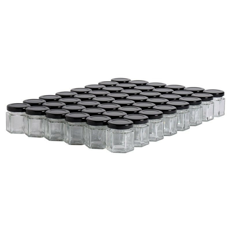 Apiculture.net - 48 pots verre hexagonaux 50g (47 ml) avec couvercles to 43 - Plusieurs modèles disponibles - Noir