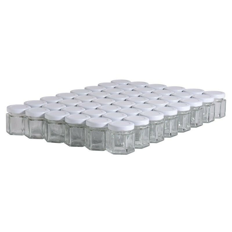Apiculture.net - 48 pots verre hexagonaux 50g (47 ml) avec couvercles to 43 - Plusieurs modèles disponibles - Blanc