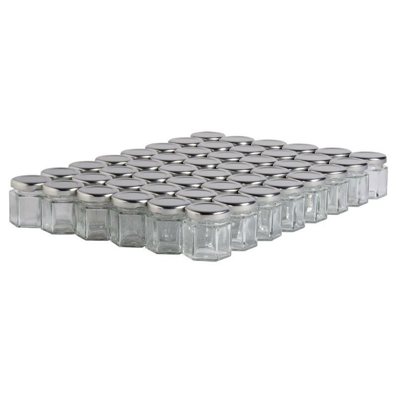 48 pots verre hexagonaux 50g (47 ml) avec couvercles TO 43 - Plusieurs modèles disponibles - Argenté
