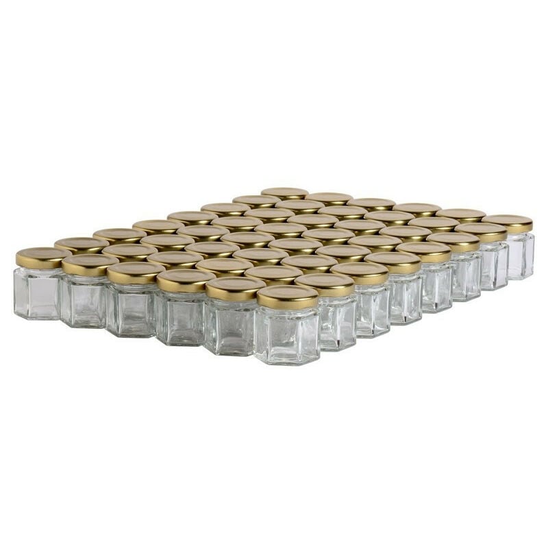 Apiculture.net - 48 pots verre hexagonaux 50g (47 ml) avec couvercles to 43 - Plusieurs modèles disponibles - Doré