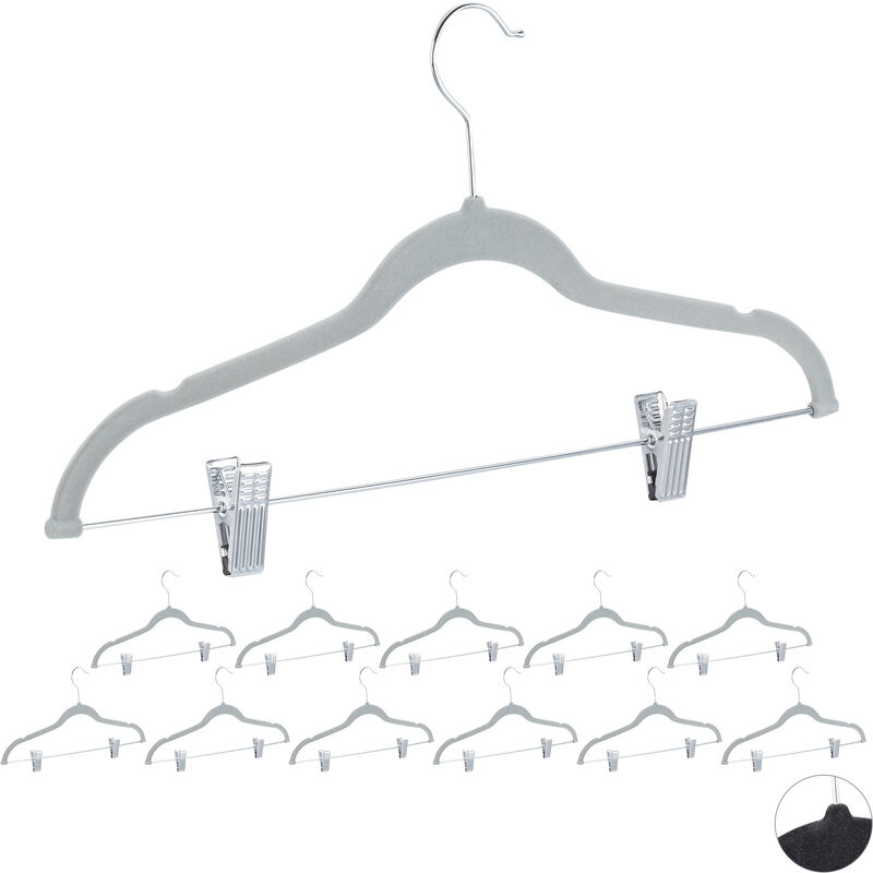 Relaxdays Velvet Coat Hangers with Clamps, Set of 12, 360° Swivel Hooks, Trouser Rail, 43 cm, Grey