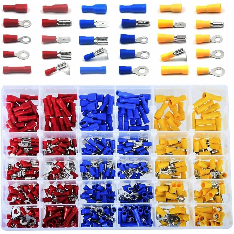 480 pièces 30 Types Cosses Electriques a Sertir, Connecteurs à Sertir électriques avec Douilles Isolantes, Anneau Plates Fourches Cosses et Kits avec