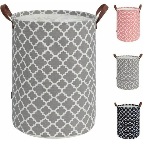 48L Grand panier linge avec poigne en cuir durable, corbeille a linge rond cordon de serrage, panier linge pliable, panier de rangement des vtements pour la chambre coucher (Gris, L)