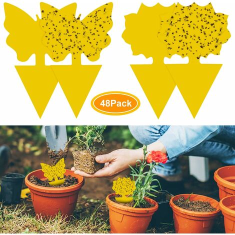 48Pcs plug-in piège à mouches plaques jaunes autocollant jaune plante de protection contre les pucerons, les mouches des feuilles et la vermine