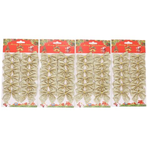 48pcs Xmas Tree Bow Decoration Miniature Xmas Tree Bow Ornament Hanging Xmas Garland Bows For Home Party Gold
