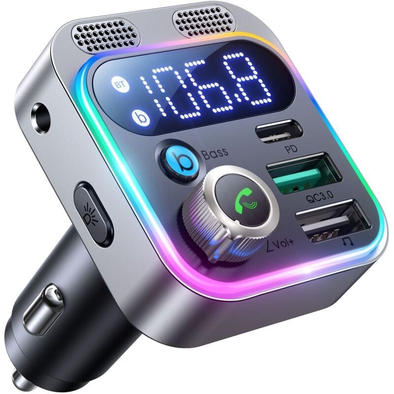 Linghhang - 48W Bluetooth fm Transmitter Car,【Bass & HiFi Stereo】Bluetooth 5.3 Car Adapter,Bluetooth Cigarette Lighter Hands-Free Call, Dual