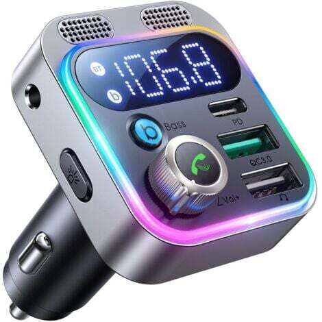 48W Transmetteur FM Bluetooth Voiture,【Bass & HiFi Stereo】Adaptateur Bluetooth 5.3 Voiture,Allume Cigare Bluetooth appel Main Libre, Double Microphone, Bluetooth & U-Disk