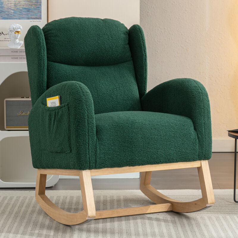 049 Chaise à bascule rembourrée en tissu Teddy moderne, siège rembourré pour salon, chambre à coucher, vert