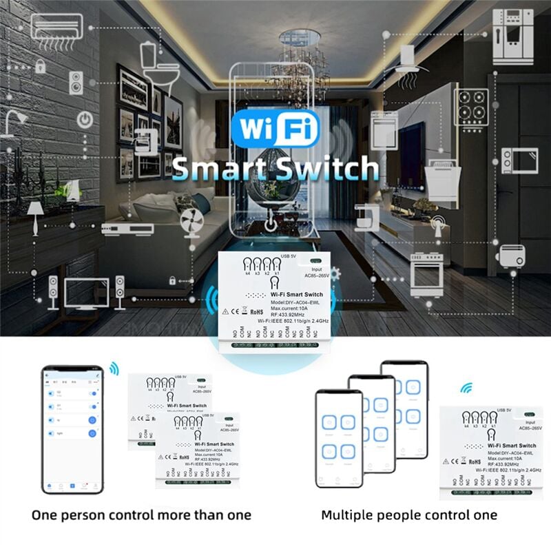 Image of Tlily - 4CH WiFi Smart Switch RF433 85-265V 2,4G Hausautomationsmodul für iftt Alexa