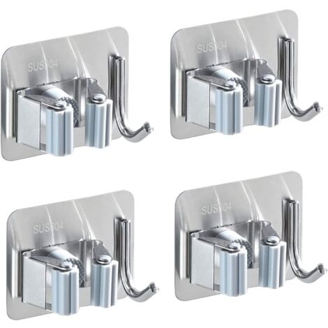 4er-Pack Besenhalter zur Wandmontage, Edelstahl, selbstklebender, rostfreier Mopphalter, mit 1 Haken und 1 Schnellverschlussbefestigung für Mopp, Besen und Gartengeräte