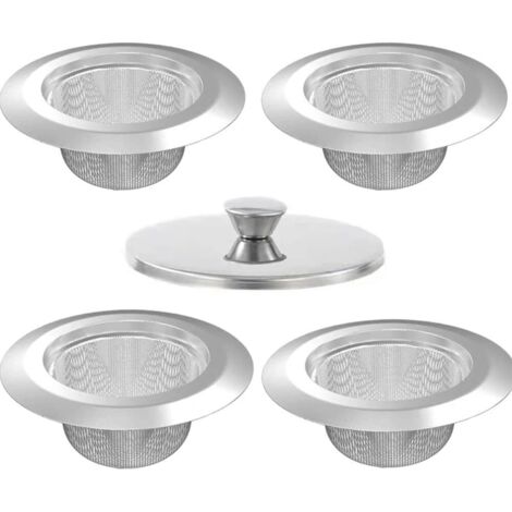 4er-Pack rostfreie Edelstahl-Spülbeckensiebe mit 1 Abdeckung, breiter Rand außen 11,3 cm, Innendurchmesser 7,6 cm