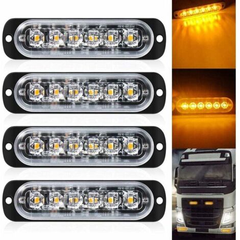 4er-Pack – Ultraflaches, bernsteinfarbenes Blitzlicht mit 6 LEDs – LED-Lichtleiste, Mini-Notlichtleiste, 18 Blinkmodi, 12–24 V, für Universalfahrzeuge oder LKWs