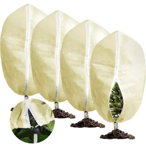 4er-Pack Winterabdeckungen für Gartenpflanzen, atmungsaktiv (70 g/m²), mit Reißverschluss und Kordelzug, beige, 60 x 80 cm
