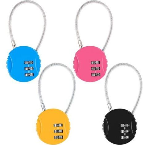 4er-Pack Zahlenschlösser, 3-stelliges Zahlenschloss (4 Farben), Kofferschloss Flugzeug, Kabelschloss mit Code für Fahrrad, Reisetasche, Spind oder Rucksack