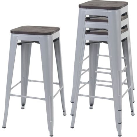 4er-Set Barhocker HHG-766 inkl. Holz-Sitzfläche, Barstuhl Tresenhocker, Metall Industriedesign stapelbar grau