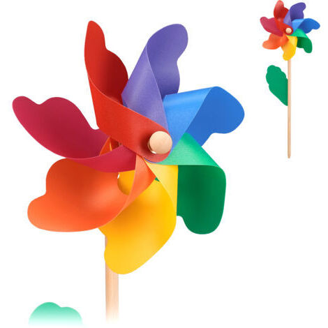 4er Set Dekowindräder, bunte Holz/PP-Windmühlen für Garten & Terrasse, 30 cm Durchmesser