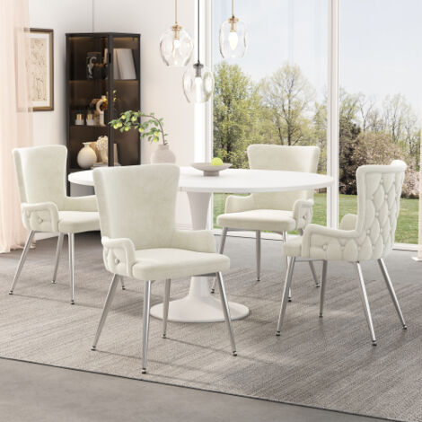 4er Set Esszimmerstuhl, Wohnzimmerstuhl mit vier silbernen Metallbeinen, in Samt, Beige, 49x47x85 cm