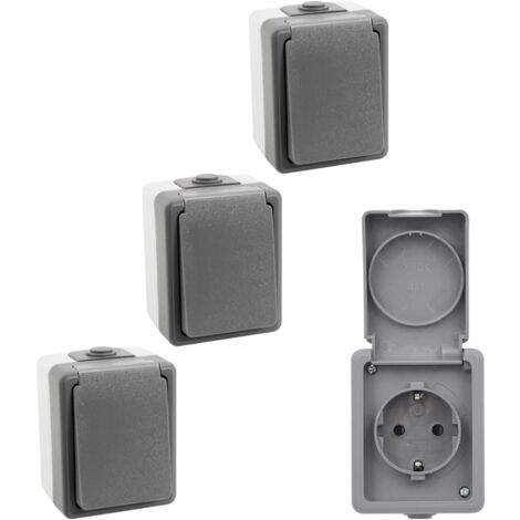4er Set Feuchtraum Steckdose Serie Secure Aufputz IP44 250V grau Einzelsteckdose