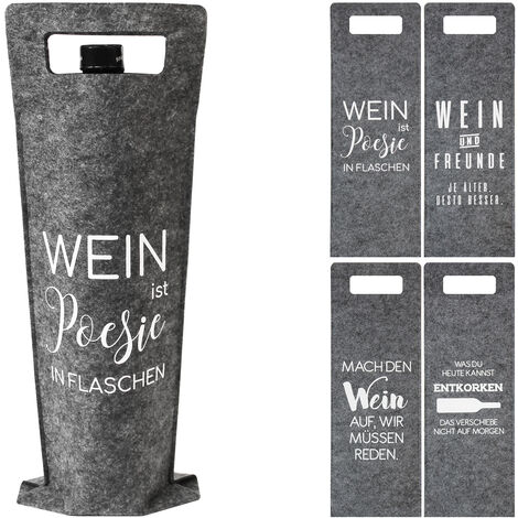4er Set Flaschentasche mit Spruch und Henkel Ø14,5xH41cm Filz, Flaschenverpackung Geschenkverpackung Geschenktüte