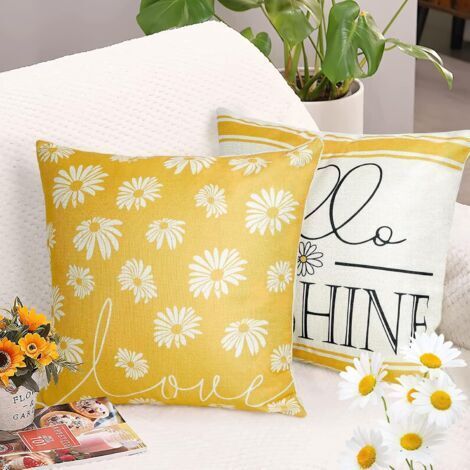 4er-Set gelbe Leinenkissenbezüge mit Gänseblümchen- und Sonnenblumenmuster – Kissenbezug 45 x 45 cm – Für drinnen und draußen geeignet