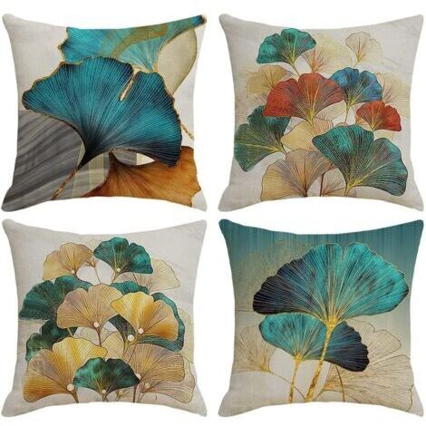 4er-Set Kissenbezüge 45 x 45 cm – Ginkgoblattmuster – Gold