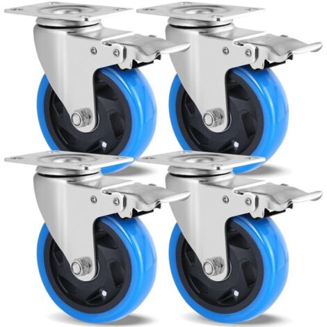 4er-Set Lenkrollen, 100 mm Möbelrollen, bis 600 kg Tragkraft, Schwerlastrollen mit Bremse, 360°-Drehung, Gummirollen, bodenschonend