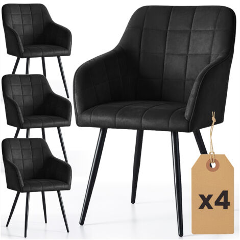 4er Set Polsterstühle mit quadratischen Ziernähten LUXANO Schwarz mit schwarzen Beinen