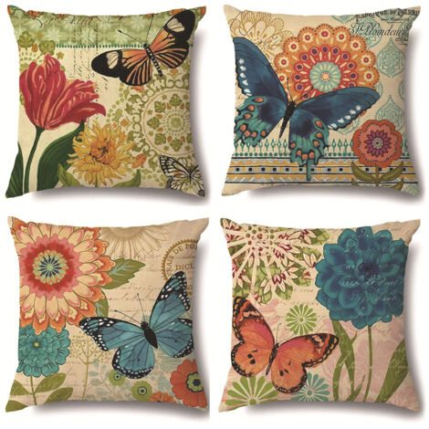 4er-Set quadratische Leinenkissenbezüge (45 x 45 cm) – Vintage-Aquarellmuster mit Schmetterlingen und Blumen für Wohnzimmer/Sofa/Schlafzimmer, Boho-Stil