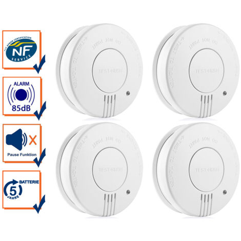 4er Set Rauchmelder mit 5 Jahres Batterie, 85dB Alarmton, Weiß, Ø 10cm