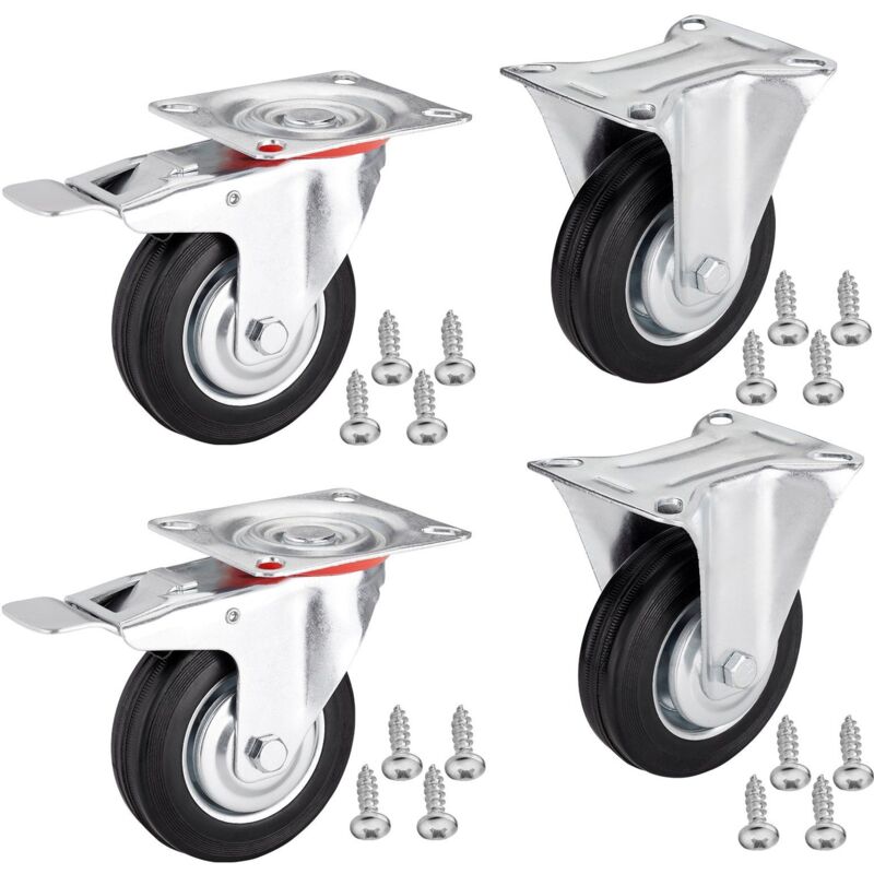 So-Tech 4er Set Sotech Transportrollen Red Ø 125 Mm (2x Bockrollen, 2x Lenkrollen Mit Bremse) Höhe 151 Mm, Anschraubplatte 100 X 82 Mm Traglast Bis 440 Kg