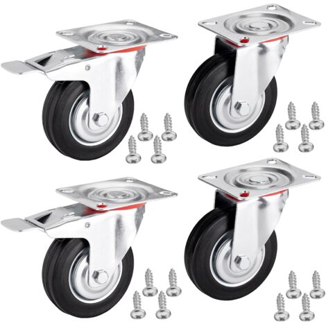 4er SET SOTECH Transportrollen RED Ø 100 mm (2x Lenkrollen, 2x Lenkrollen mit Bremse) Höhe 127 mm, Anschraubplatte 100 x 82 mm Traglast bis 360 Kg Strandkorbrolle