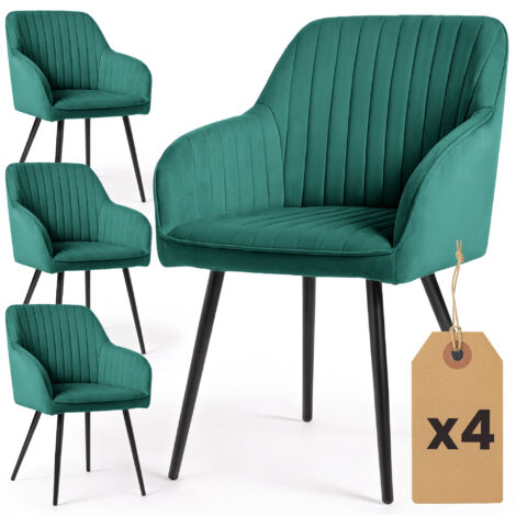 4er Set Velours Esszimmerstühle mit Ziernähten FLORENCE Dunkelgrün mit schwarzen Beinen