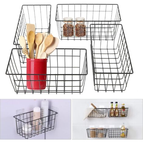 4er-Set Wandkörbe aus Metalldraht - Ohne Lochung - Für Büro, Schlafsaal, Bad, Küche - Schwarz