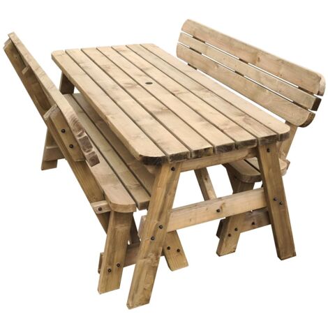 4ft (120cm) Picnic table and bench set, rustic brown finish, Victoria compact with backrest rounded corners
