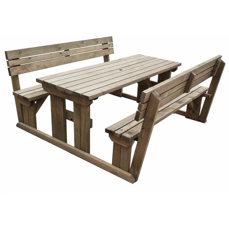 4ft (120cm) Picnic table and bench set with backrest, rustic brown finish, Alders square corners
