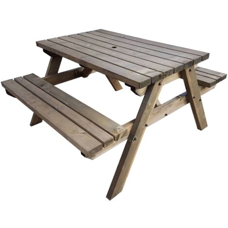 4ft (120cm) Pub style picnic table and bench, rustic brown finish, Fortem square corners