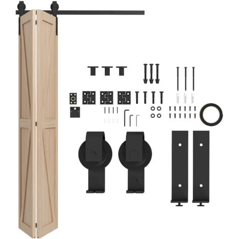 4FT/122CM herrajes para puerta corredera plegable kit de accesorios para puerta corrediza para 2 puertas con riel para granero negro