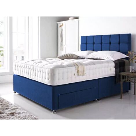 SR LIVING LTD 4FT Blue Linen Divan Bed Set With memory foam spring mattress 10″ Headboard 20″ & 2 Drawers